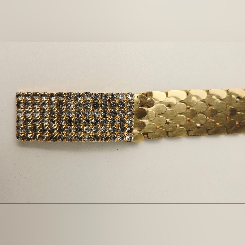 80s Vintage Gold Metal Mesh Belt w/ Rhinestone Buckle Disco Glam - Picture 6 of 12
